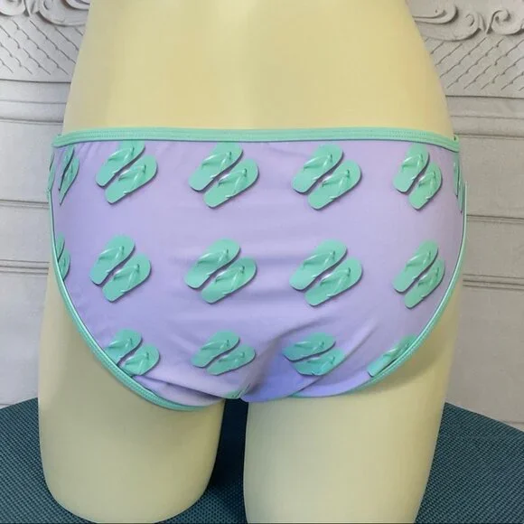 Undercurrent 2 Piece Triangle Top Swimsuit Purple Green Flip Flops Juniors Med - Picture 6 of 8